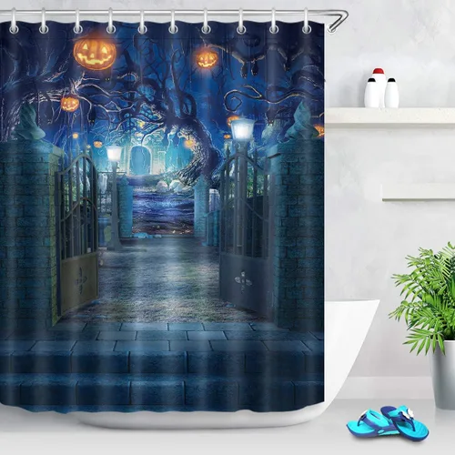 LB Cortina de ducha de Halloween, cementerio de terror, fantasma, gatos negros en árbol, calabaza, cortinas de ducha para baño con ganchos, 60 x 72