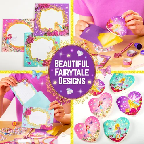 Miniatura 7 de GirlZone Princess Stationery Set - Juego de 45 piezas para escribir letras de cuento de hadas, papel multicolor con letras de hadas y sobres, sellos
