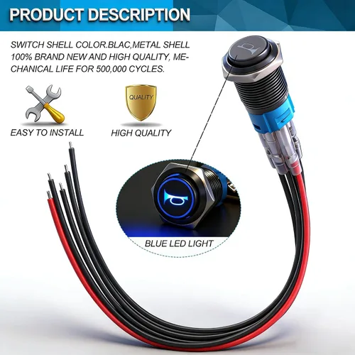 Miniatura 5 de Twidec/Interruptor de botón de presión momentáneo de bocina de altavoz de 16 mm, orificio de montaje de 5/8 pulgadas, luz LED azul de 12 V, carcasa