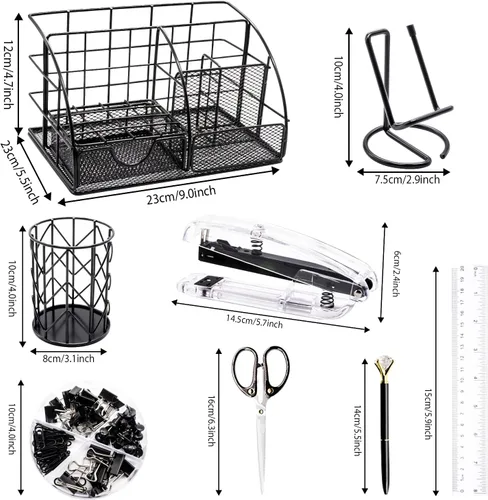 Miniatura 2 de KAAKOW Organizadores de Escritorio Negros y Accesorios Juego de Suministros de Oficina Grapadora, Portabolígrafos, Soporte para Teléfono, Tijeras