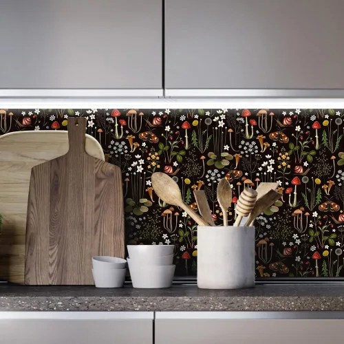 Miniatura 4 de Papel de contacto Boho negro de despegar y pegar con diseño de setas/caracoles/flores silvestres/mariposas, papel pintado extraíble decorativo