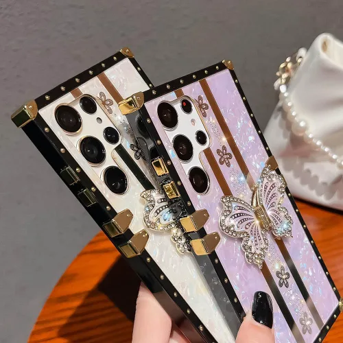 Miniatura 3 de Bonita funda compatible con Samsung Galaxy S22 Ultra, soporte plegable de lujo con diseño de mariposa brillante para mujeres y niñas, funda Blanco
