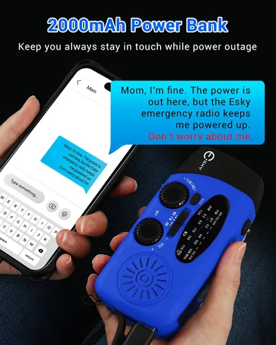 Miniatura 3 de Esky Radio de emergencia con manivela y 3 linternas LED, radio meteorológica portátil AM/FM/NOAA con cargador de teléfono de 2000mAh, radio
