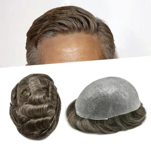 Miniatura 25 de Pieza de pelo para hombre Toupee pelo humano real tupé para hombres piezas de pelo sistema de reemplazo para hombres piel ultra fina 0.002 in 17#