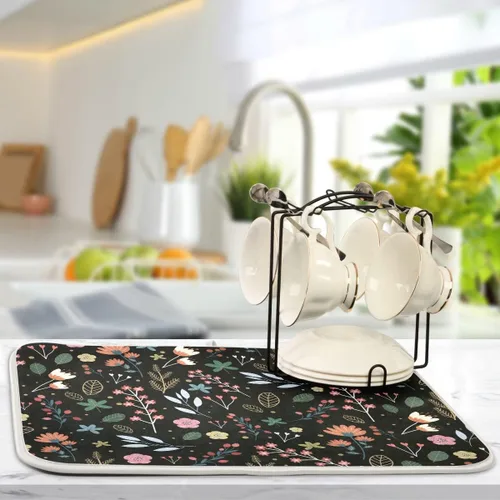 Miniatura 5 de Tapete de secado de platos de flores de fondo negro para encimera de cocina de 18 x 24 pulgadas, tapete de microfibra absorbente, tapete de secado