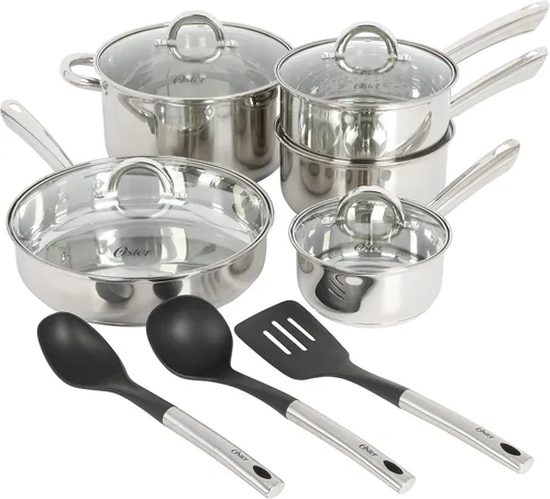 Oster Sangerfield - Juego de utensilios de cocina de acero inoxidable de 12 piezas con herramientas de cocina, ollas y sartenes antiadherentes,