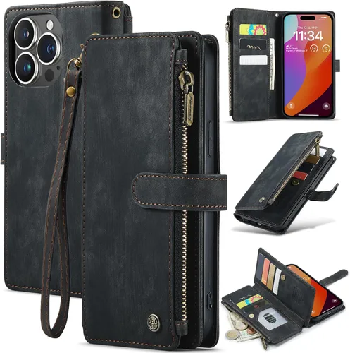 CaseMe - Funda tipo cartera para iPhone 15 Pro Max, multifunción, hecha a mano, de piel sintética, con cremallera, a prueba de golpes, con cierre