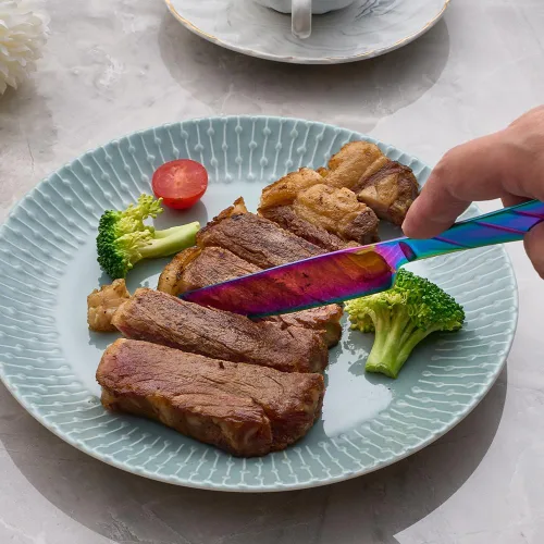Miniatura 3 de Juego de cuchillos de cena arcoíris, cuchillo de carne arcoíris brillante de acero inoxidable para mesa, juego de 6 cuchillos de 23.37 cm