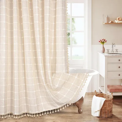 Miniatura 36 de MitoVilla Juego de cortinas de ducha estilo bohemio, modernas cortinas de ducha bohemias para decoración de baño, cortina de ducha de tela de lino