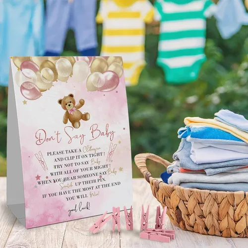 Miniatura 2 de Cartel de juego Don't Say Baby Clothespin (1 letrero + 50 mini pinzas para la ropa), juego de decoración de baby shower con globo de oso rosa rosa