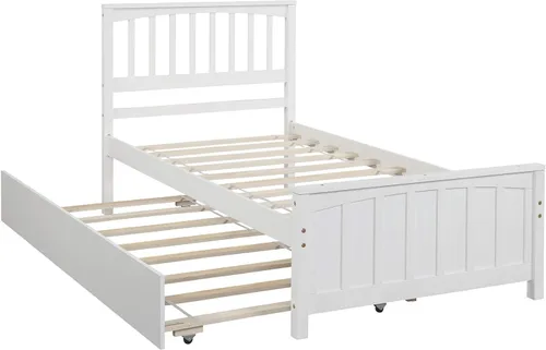 Miniatura 9 de MERITLINE Cama individual con nido, cama corrediza de plataforma con cabecero y estribo para niñas y niños, no necesita somier, (blanco)