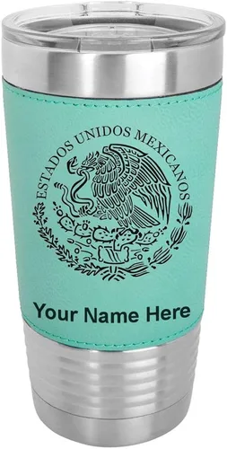 Miniatura 24 de LaserGram Vaso aislado al vacío de 20 onzas, bandera de México, grabado personalizado incluido (piel sintética, negro)