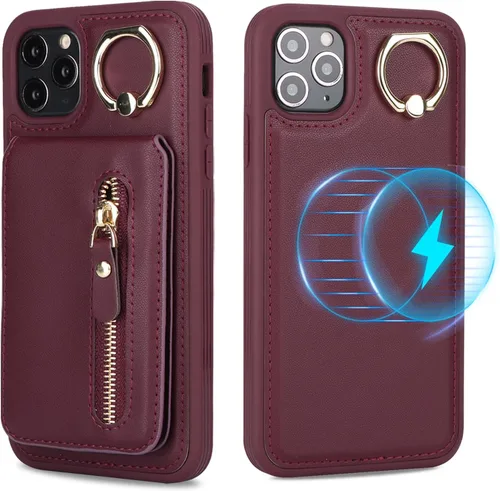 Miniatura 11 de Havaya Funda para iPhone 11 Pro Max con tarjetero y llavero, soporte de cuero, a prueba de golpes, con ranuras para tarjetas de crédito, cremallera