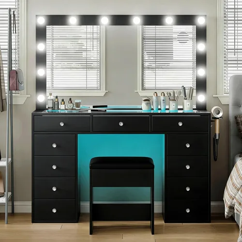 Miniatura 10 de Escritorio negro con espejo iluminado y toma de corriente, mesa de tocador de 11 cajones con silla, tocador de maquillaje con 11 bombillas