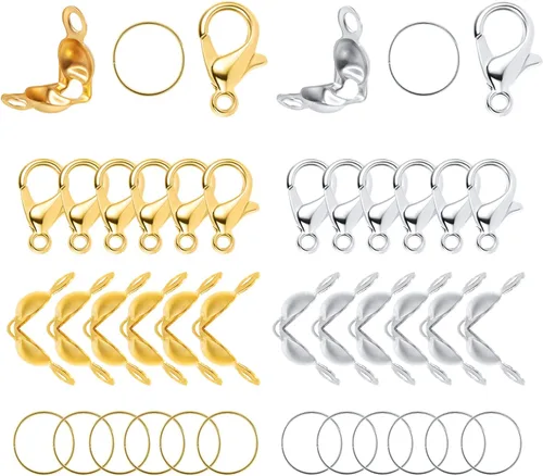 AIEX Juego de 540 accesorios para fabricación de joyas, 240 puntas de cuentas, cubiertas de nudo, 240 conectores de anillo abierto y 60 cierres de