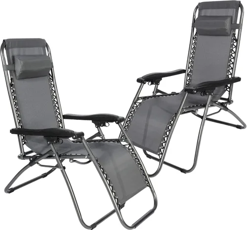 Juego de 2 sillas ajustables de gravedad cero, Textilene plegable para exteriores con almohada extraíble, reclinables portátiles y livianas para Gris