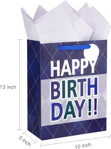 Miniatura 5 de Loveinside Bolsa de regalo a cuadros azul marino con texto en inglés «Happy Birthday» impresa, tamaño mediano con papel de seda, etiqueta, tarjeta