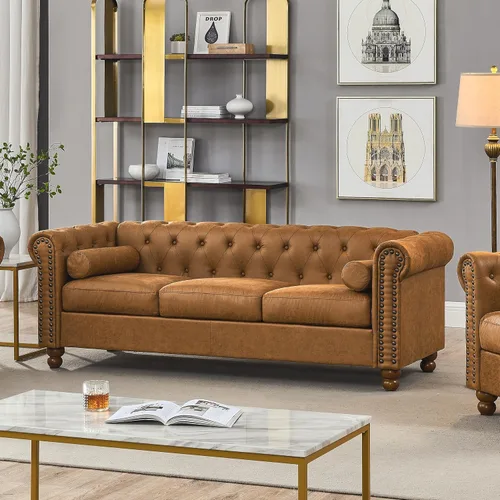 Sofá Air de cuero copetudo para sala de estar, sofá de 3 plazas con brazo enrollado con ribete de cabeza de clavo y 2 almohadas para el cuello, sofá