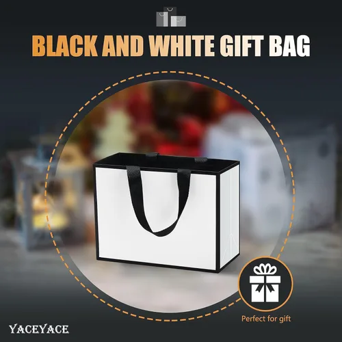Miniatura 2 de Pequeñas bolsas de regalo blancas y negras a granel, 10 piezas de 8"x3.75"x6" bolsas de papel blanco y negro con asa de cinta, mini bolsas de regalo