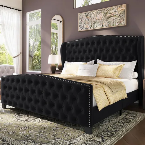 Miniatura 10 de BRELTAM Marco de cama tapizado tamaño Queen en terciopelo color beige con cabecera y pie de cama acolchados con botones profundos y soporte