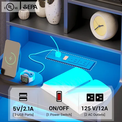Miniatura 4 de BTHFST Mesita de noche alta con luces LED y estación de carga, mesita de noche LED negra con estantes y 2 cajones, mesita de noche con estantería