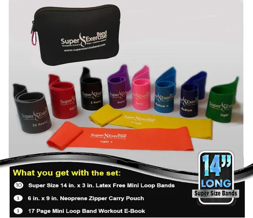 Miniatura 4 de Mini bandas de bucle extra largas sin látex de 14 x 3 pulgadas de EE. UU. en 3, 5, 10 paquetes de 10 unidades. 10 fortalezas para entrenamiento