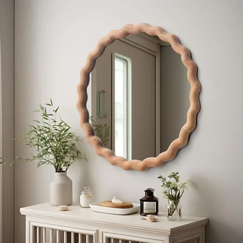Miniatura 6 de Espejo de pared irregular, espejo redondo de madera, espejo de tocador único, espejo de baño moderno de madera natural de 18 pulgadas para baño