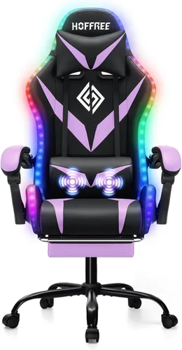 Miniatura 9 de Silla de juegos RGB con masaje y luces LED, silla de computadora ergonómica con reposapiés, silla reclinable de respaldo alto para videojuegos