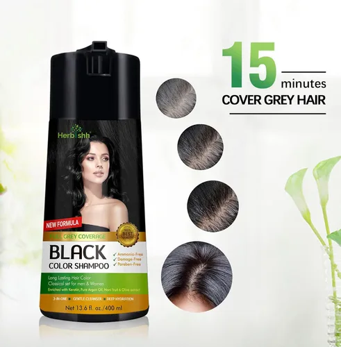 Miniatura 3 de Herbishh Champú de color para cabello gris – Fórmula enriquecida con queratina y flor de forro polar tubérculo – Cobertura total de canas, fácil