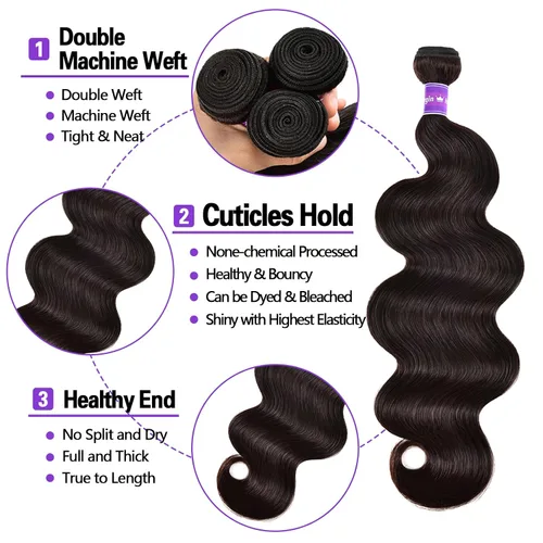 Miniatura 2 de 3 manojos de cabello humano 10A, 20, 22, 24 pulgadas de onda corporal, 100% cabello brasileño virgen sin procesar, doble trama, ofertas de manojos