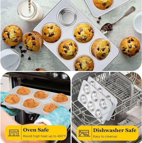 Miniatura 6 de Homikit Paquete de 2 Moldes para Muffins, Molde de Acero Inoxidable para Hornear Cupcakes con 6 Cavidades de Tamaño Regular, Bandeja de Metal