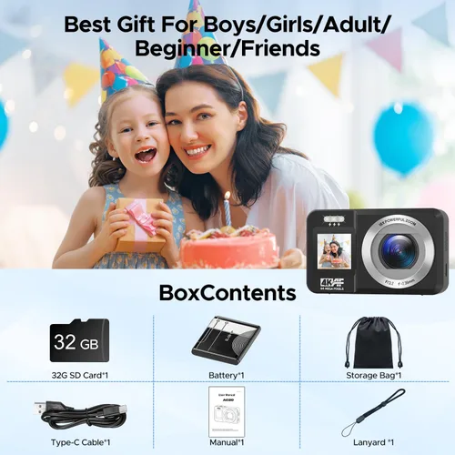 Miniatura 6 de Cámara digital, cámara de doble pantalla 4K 64MP UHD, zoom digital 18X, cámara portátil de apuntar y disparar con tarjeta TF de 32 GB y batería