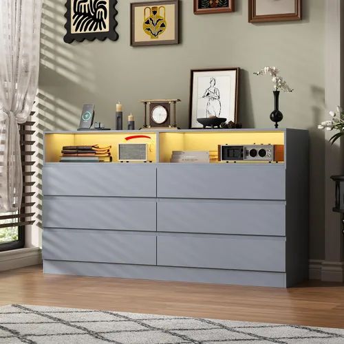 Miniatura 11 de STIKELY Cómoda con cajones para dormitorio con toma de corriente, cómodas negras con luz LED, cómoda para armario, armario organizador de aparadores