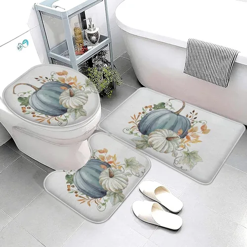 Miniatura 3 de Tapete de baño de 3 piezas de otoño con diseño de calabaza, color azul y verde, hojas de arce, cosecha, decoración de Acción de Gracias, juego