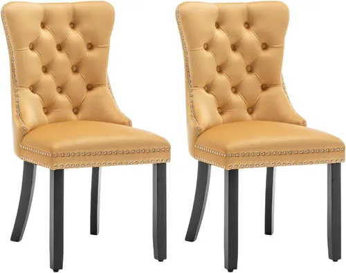 Miniatura 21 de Juego de 6 sillas de comedor de cuero, sillas de comedor tapizadas con ribete de cabeza de clavo y patas de madera maciza, silla auxiliar de comedor