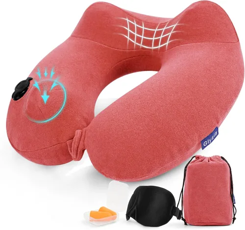 Miniatura 8 de Paquete de 2 almohadas inflables de viaje para el cuello para aviones, almohadas de cuello de terciopelo para adultos para vuelo largo, kit