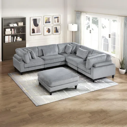 Miniatura 19 de Lexicon Sofá modular de 120 pulgadas, sofá modular de microfibra de gran tamaño de 4 plazas en forma de L, 6 almohadas decorativas y arreglo Beige
