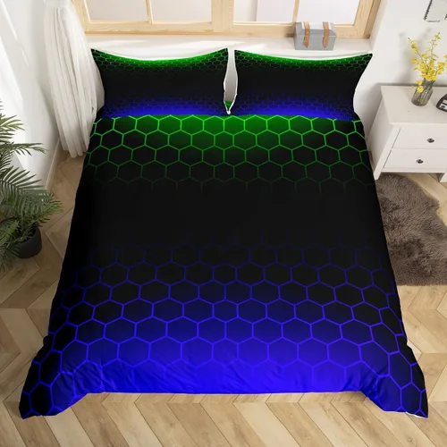 Miniatura 8 de Funda de edredón hexagonal verde estereoscópica de nido de abeja para niños, diseño geométrico de colmena, funda de edredón geométrica de panal