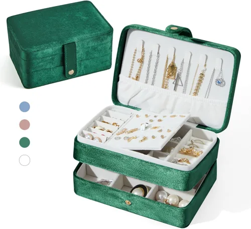 BUTI4WLD Joyero pequeño de terciopelo para mujeres y niñas, estuche portátil de viaje de doble capa para anillos, colgantes, aretes, collares,