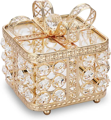 Hipiwe Joyero de cristal vintage, organizador de baratijas de cristal dorado, caja de tesoro brillante, aretes, anillos, caja de almacenamiento,