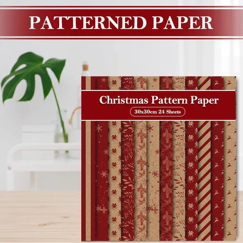 Miniatura 4 de Whaline Paquete de 24 papeles de patrón navideño, papel rústico de recortes de Navidad, 12 diseños de papel kraft rojo de doble cara