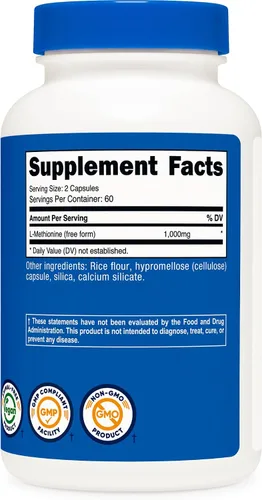 Miniatura 5 de Nutricost L-metionina (1,000 mg) 120 cápsulas - 60 porciones, sin gluten, sin OMG