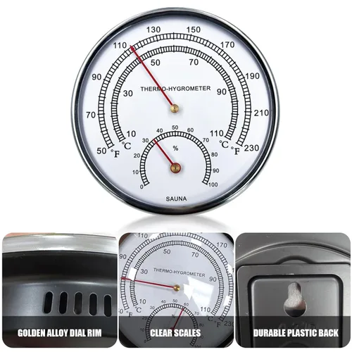 Miniatura 2 de Termómetro higrómetro de sauna Fahrenheit 2 en 1, accesorios grandes con borde plateado, esfera portátil de medición de temperatura y humedad