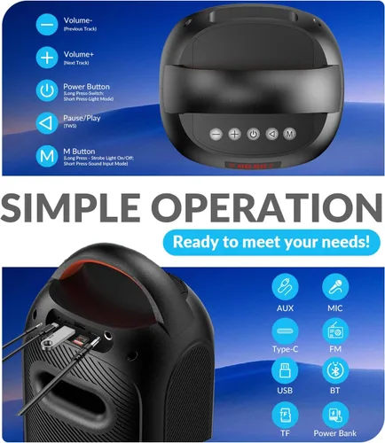 Miniatura 5 de Altavoces Bluetooth inalámbricos: sonido fuerte de 120 dB, 8 luces LED dinámicas, 5 modos RGB, Bluetooth 5.3, entrada TWS/USB/TF/AUX/FM/Mic, mango