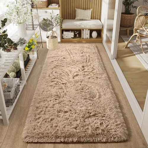 Miniatura 7 de DweIke Alfombras de pasillo beige esponjosas para dormitorio, 2 x 6 pies, alfombra larga de felpa suave para niñas y niños, antideslizante y lavable