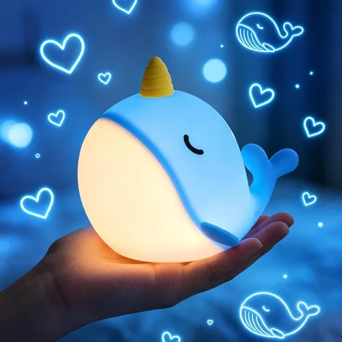 Fuloon Narwhal - Luz nocturna con forma de ballena, lámpara de silicona blanda para niños, control táctil seguro y relajante para niños y bebés,