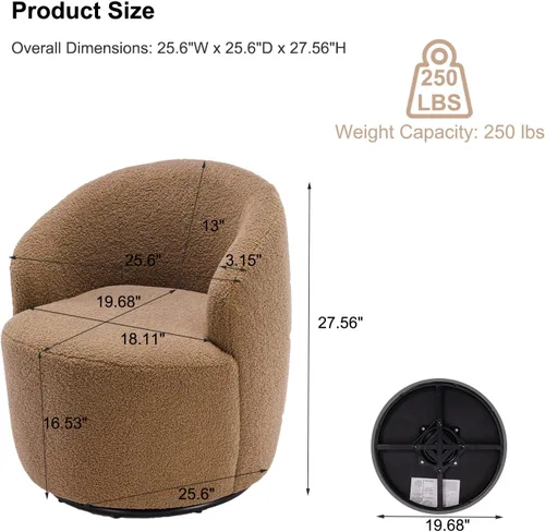 Miniatura 2 de KIVENJAJA Boucle - Silla giratoria de barril tapizada de sherpa con brazos redondos, sillón individual pequeño de 360 grados para guardería, sala
