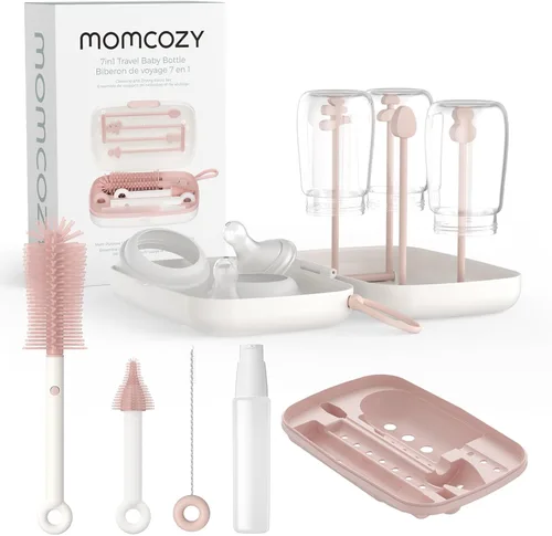 Momcozy Juego de Cepillos para Biberones, Kit Limpiador con Cepillo de Silicona para Pezón y Pajita, Dispensador de Jabón, Estante de Secado - Rosa