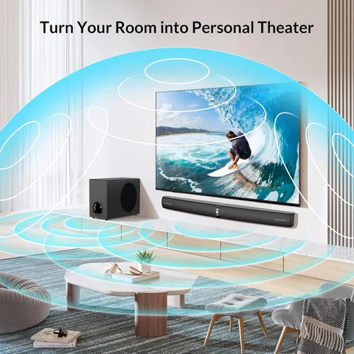 Miniatura 4 de Barra de Sonido 2.1 con Subwoofer, Barra de Sonido de 110W para Smart TV con Bajo Profundo Ajustable y Aumento de Volumen y 3 Modos de EQ