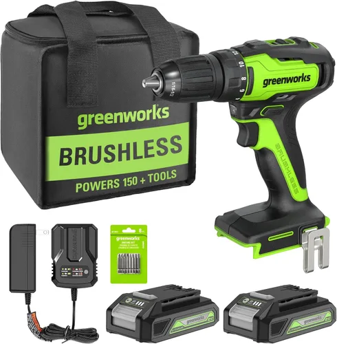 Greenworks Kit de taladro inalámbrico sin escobillas de 24 V, 310 pulgadas/libras, embrague de 18+1 posición, portabrocas sin llave de 1/2 pulgada,